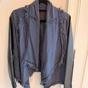 Blank NYC Frayed Blue Denim and Black Vegan Leather Arm Jacket, size Medium